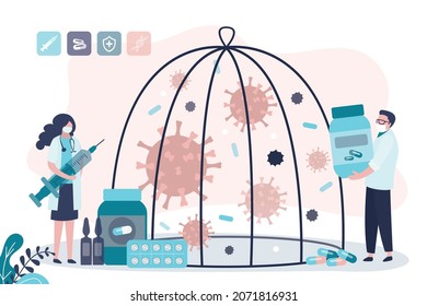 Doctors with covid-19 medicines. Medical staff gives vaccine to patients. Prevention measures during coronavirus pandemic. Vaccination concept. Control of viruses and bacteria.Flat vector illustration