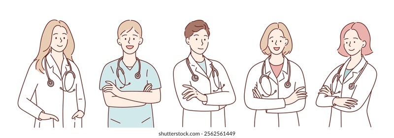 Doctors with crossed arms. Vector hand drawing.