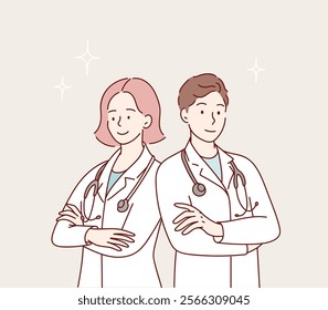 Doctors with crossed arms. Vector hand drawing.