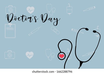 Doctors day background, card, banner, poster cartoon hand drawn style flat vector design illustrations. Concept of stethoscope with health icon and hand lettering.