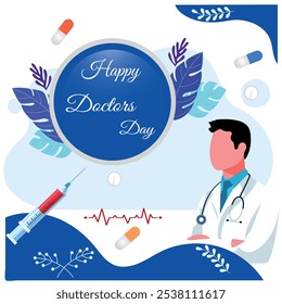 Día de médicos con antecedentes. Diseño médico del Anuncio de la atención sanitaria con el doctor, estetoscopio
, cápsula, Ilustración vectorial de inyección