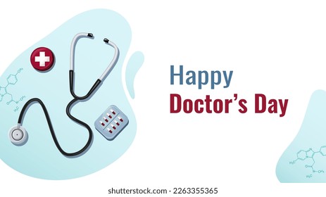 doctor's day. banner template, postcard, pills, formulas, doctors. vector, flat, cartoon style