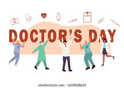 Doctors' Day cartoon hand drawn style flat vector design illustrations. Concept of doctors with big text and medical icon symbol.