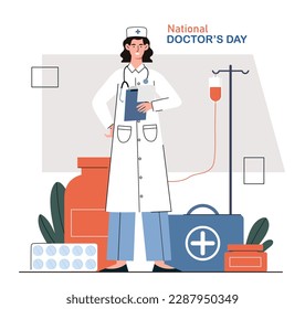 Doctors day concept. Woman in medical uniform with stethoscope. International holiday and festival. Young girl with medicines and pills. Medical education. Cartoon flat vector illustration