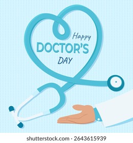 Doctor's Day greeting card with stethoscope designed in the shape of a heart, and doctor hand. Vector, celebration banner, poster, postcard, template.