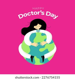Doctors Day Greeting. Cartoon Cute Doctor Girl Character with Pink Background