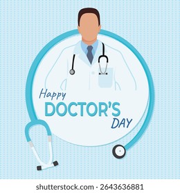 Doctor's Day greeting, celebrative card with doctor in faceless technic and stethoscope. Creative vector illustration. Banner, background, template, postcard, poster.