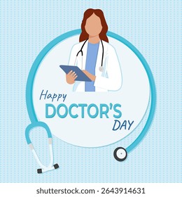 Doctor's Day greeting, celebrative card with doctor female in faceless technic and stethoscope. Creative vector illustration. Banner, background, template, postcard, poster.