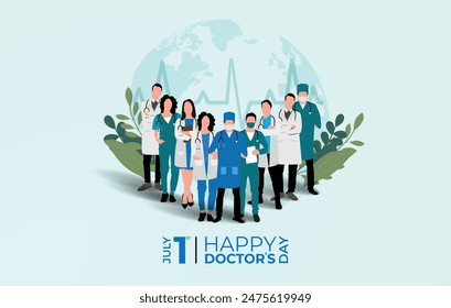 Doctors day. Group of Doctors standing on globe with heart beat line green leaf background.1st July. Medical health care banner design with doctor, stethoscope.