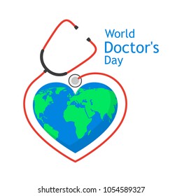 Doctors day logo with Earth globe and sign of stethoscope. Vector illustration. Medical cute background for Doctors day. Health day
