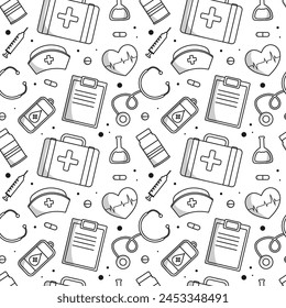 Doctors Day Seamless Pattern Design with Medical Equipment in Template Hand Drawn Cartoon Flat Illustration