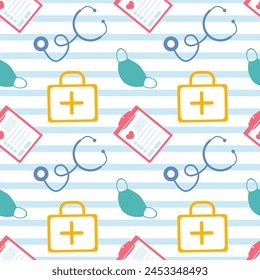 Doctors Day Seamless Pattern Design with Medical Equipment in Template Hand Drawn Cartoon Flat Illustration