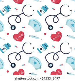 Doctors Day Seamless Pattern Design with Medical Equipment in Template Hand Drawn Cartoon Flat Illustration