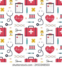 Doctors Day Seamless Pattern Design with Medical Equipment in Template Hand Drawn Cartoon Flat Illustration