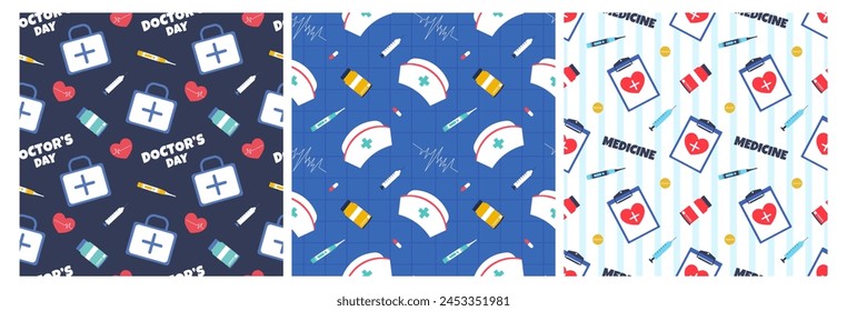Doctors Day Seamless Pattern Design with Medical Equipment in Template Hand Drawn Cartoon Flat Illustration