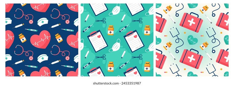 Doctors Day Seamless Pattern Design with Medical Equipment in Template Hand Drawn Cartoon Flat Illustration