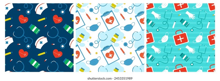 Doctors Day Seamless Pattern Design with Medical Equipment in Template Hand Drawn Cartoon Flat Illustration