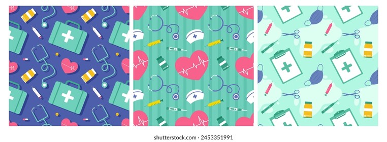 Doctors Day Seamless Pattern Design with Medical Equipment in Template Hand Drawn Cartoon Flat Illustration