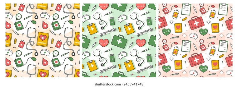 Doctors Day Seamless Pattern Design with Medical Equipment in Template Hand Drawn Cartoon Flat Illustration