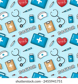 Doctors Day Seamless Pattern Design with Medical Equipment in Template Hand Drawn Cartoon Flat Illustration