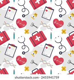 Doctors Day Seamless Pattern Design with Medical Equipment in Template Hand Drawn Cartoon Flat Illustration