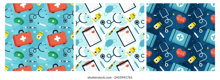 Doctors Day Seamless Pattern Design with Medical Equipment in Template Hand Drawn Cartoon Flat Illustration