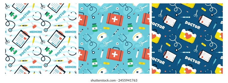 Doctors Day Seamless Pattern Design with Medical Equipment in Template Hand Drawn Cartoon Flat Illustration