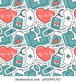 Doctors Day Seamless Pattern Design with Medical Equipment in Template Hand Drawn Cartoon Flat Illustration