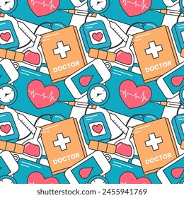 Doctors Day Seamless Pattern Design with Medical Equipment in Template Hand Drawn Cartoon Flat Illustration