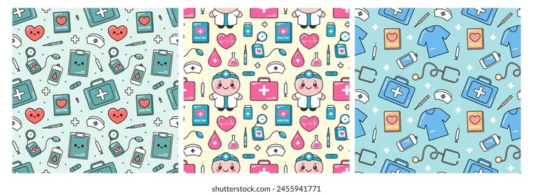 Doctors Day Seamless Pattern Design with Medical Equipment in Template Hand Drawn Cartoon Flat Illustration