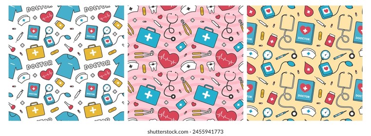 Doctors Day Seamless Pattern Design with Medical Equipment in Template Hand Drawn Cartoon Flat Illustration