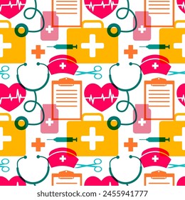 Doctors Day Seamless Pattern Design with Medical Equipment in Template Hand Drawn Cartoon Flat Illustration