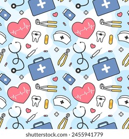 Doctors Day Seamless Pattern Design with Medical Equipment in Template Hand Drawn Cartoon Flat Illustration