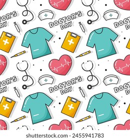 Doctors Day Seamless Pattern Design with Medical Equipment in Template Hand Drawn Cartoon Flat Illustration