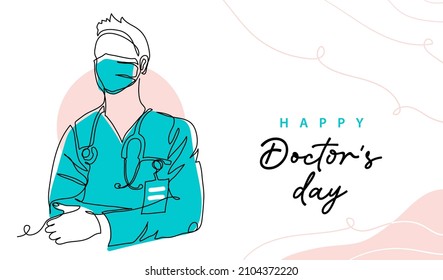 Doctors day simple vector illustration of physician, therapist man in mask and doctor coat. One continuous line art drawing background, banner, poster for Doctors day celebration.