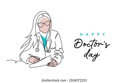 Doctors day simple vector illustration of physician, therapist woman in doctor coat with stethoscope. One continuous line art drawing background, banner, poster for Doctors day celebration.