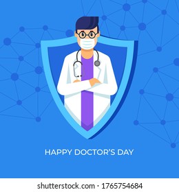 Doctors Day Vector Illustration. Doctor With Face Mask Social Media Creative Post Flat Design. Blue Doctor In Shield Protecting The World From Viruses.