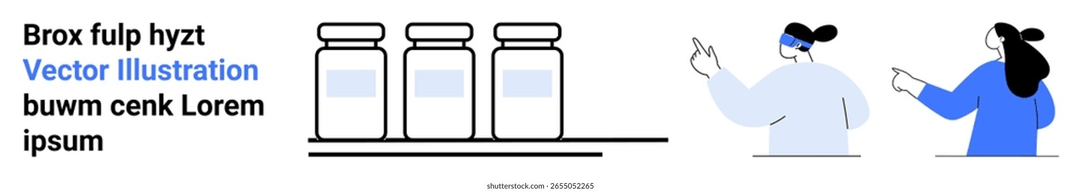 Doctors debating lab results near three bottles on a shelf. Ideal for medical, pharmaceutical, research, science, health care, patient education, academic content. Banner for landing page