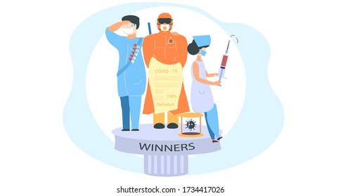 Doctors defeated Covid-19. Coronavirus infection stopped. Doctors rejoice at their success in treating people. People have won fame. Praise to doctors. Vector stock illustration. Cartoon, flat person.