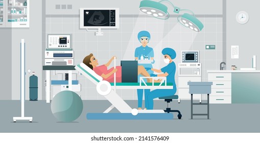 Doctors are delivering a pregnant woman in bed in a natural way.