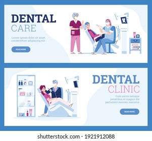 Doctors dentist treating teeth to patients in dental clinic. Medical service in stomatology and health care concept. Vector illustrations, two banners with text