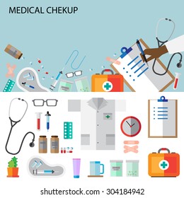 Doctor's desktop with medical and healthcare tools.