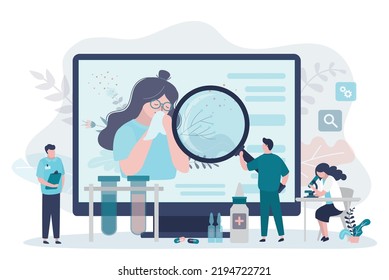 Doctors Diagnose Patient With Pollen Allergy. Scientists Trying To Find Out Cause Of Allergic Reaction. Allergist With Magnifying Glass Examines Allergen. Immunology, Allergology. Vector Illustration