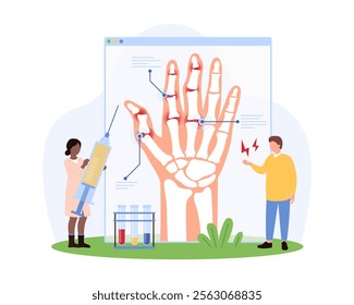 Doctors diagnosing hand arthritis using X-ray and medical tools, focusing on joint inflammation and treatment in a clinical environment vector illustration.