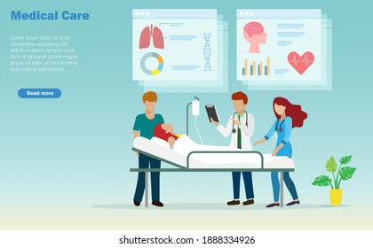 Doctors diagnosis patient in hospital bed with medical records background. Idea for medical and healthcare concept. 