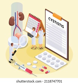 Diagnóstico de doctores Cystitis isométrica 3d concepto de ilustración vectorial banner, sitio web, página de aterrizaje, anuncios, plantilla de volante