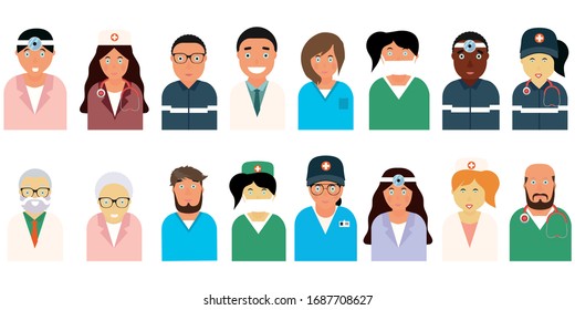 Doctors of different ages and races. Different doctors icons set. Nurse, ENT, pediatrician. Family doctor. Vector illustration