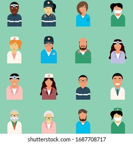 Doctors of different ages and races. Different doctors icons set. Nurse, ENT, pediatrician. Family doctor. Vector illustration