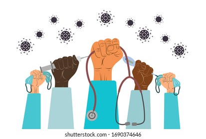 Doctors from different countries, nations, skin colors against of pandemic, pneumonia, coronavirus, COVID-19, 2019-nCoV. Raised their hands of to save life people. Vector flat cartoon illustration.