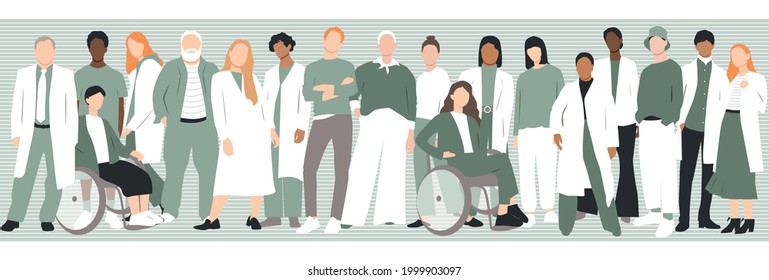 Doctors different ethnicities stand side by side together. Flat vector illustration.